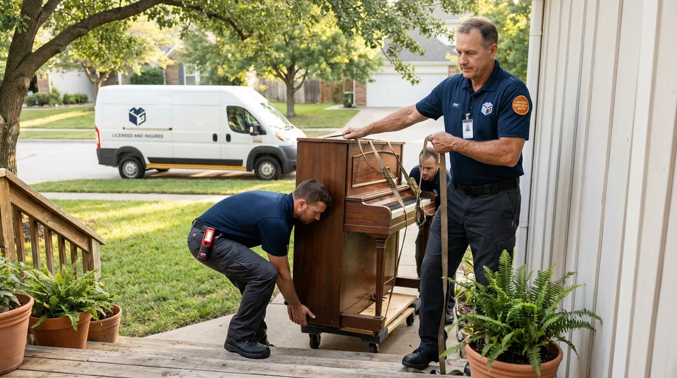 Licensed piano movers securing grand piano in Mason, OH