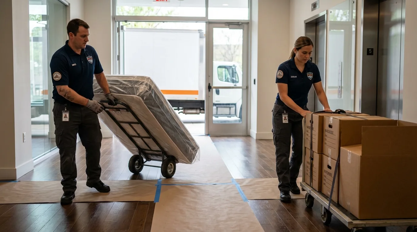 Professional apartment movers loading elevator in Mason, OH